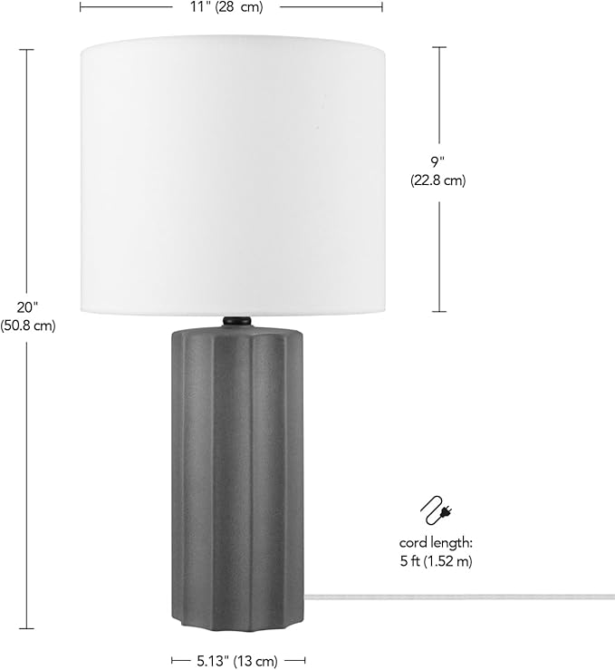 Globe Electric 61000061 20" Ribbed Ceramic Table Lamp, Dark Gray Concrete Finish, White Linen Shade, On/Off Rotary Switch on Socket, for Living Room, Bedroom, Office, Home Décor - LeafyLoom