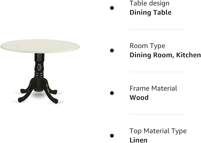 East West Furniture DLT-LBK-TP Dublin Kitchen Table - a Round Dining Table Top with Dropleaf & Pedestal Base, 42x42 Inch, Linen White & Black - LeafyLoom