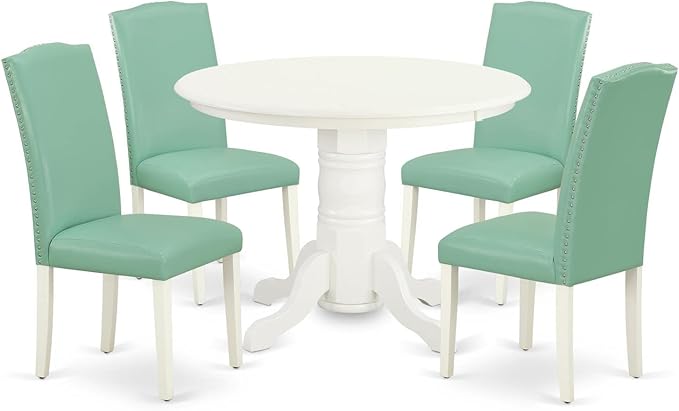 East West Furniture SHEN5-LWH-57 5 Piece Set Includes a Round Dining Room Table with Pedestal and 4 Pond Faux Leather Upholstered Parson Chairs, 42x42 Inch - LeafyLoom