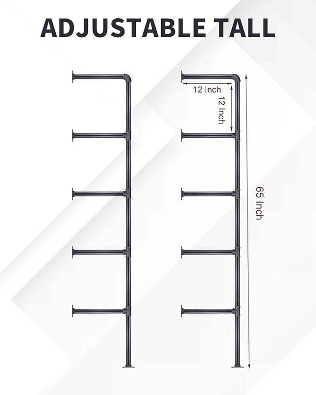 MUZIK Industrial Wall Mount Iron Pipe Shelf, DIY Open Farmhouse Bookshelf, Kitchen/Bathroom Floating Shelves, Pipe Shelves for Bedroom & Living Room (2 Pcs 5 Tier Hardware Only) - LeafyLoom