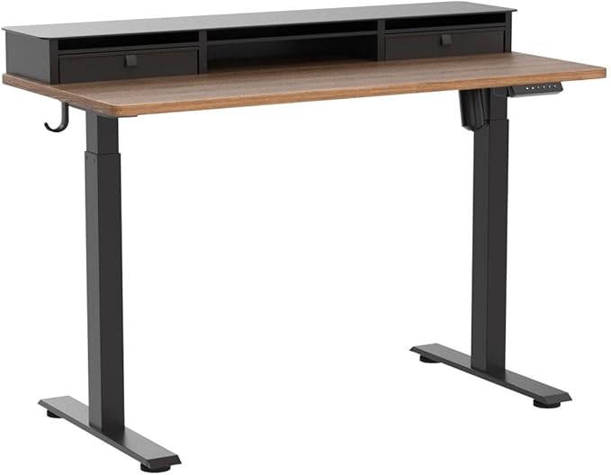BANTI 48"x 26" Electric Standing Desk with Glass Top Monitor Stand, Adjustable Sit Stand Up Table with Double Drawer, Sit Stand Desk with Storage Shelf, Black Walnut Top - LeafyLoom