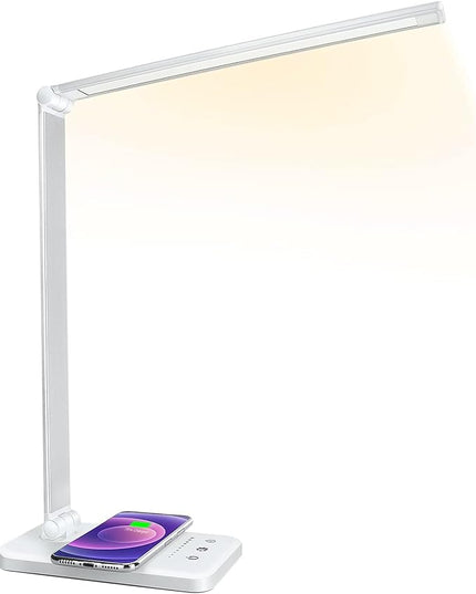 LED Desk Lamp with Wireless Charger, USB Charging Port, Desk Light with 10 Brightness, 5 Color Modes, Dimmable Eye Caring Reading Desk Lamps for Home Office, Touch Control, Auto Timer, White - LeafyLoom