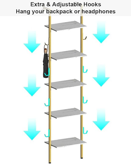 Modern Bookshelf Wall Mounted 5-Tiers Ladder Shelf Gold and White Wooden Bookcase Narrow Thin Bookshelf Open Display Storage Rack for Living Room Bedroom Home Office - LeafyLoom