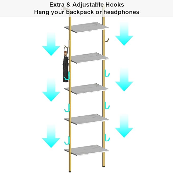 Modern Bookshelf Wall Mounted 5-Tiers Ladder Shelf Gold and White Wooden Bookcase Narrow Thin Bookshelf Open Display Storage Rack for Living Room Bedroom Home Office - LeafyLoom