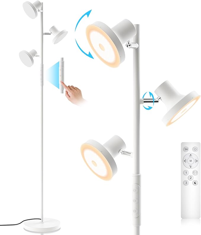 36W White Floor Lamp, Super Bright Tree Floor Lamp LED Standing Lamp with Remote Control, 4 Color Temperatures, 3 Rotatable LED Lights, Dimmable Floor Lamps for Living Room, Bedroom, Office - LeafyLoom