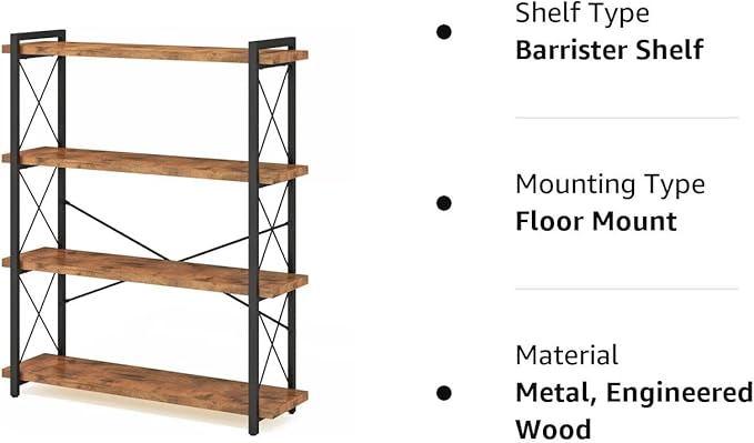 HCHQHS Bookshelf, 4-Tier Industrial Bookcase, Rustic Open Book Shelf, Freestanding Tall Bookshelves with Metal Frame - LeafyLoom