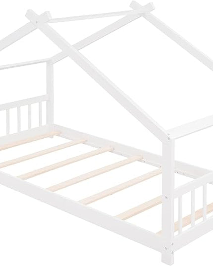 Montessori Floor Bed Frame Twin Size, Twin Floor Bed Frame with Headboard, Footboard and Slats, Wood Montessori Bed Frame/Montessori House Bed for Kids, Girls, Boys(White) - LeafyLoom