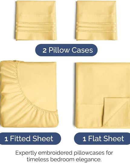 Full Size 4 Piece Sheet Set - Comfy Breathable & Cooling Sheets - Hotel Luxury Bed Sheets for Women & Men - Deep Pockets, Easy-Fit, Extra Soft & Wrinkle Free Sheets - Yellow Oeko-Tex Bed Sheet Set - LeafyLoom