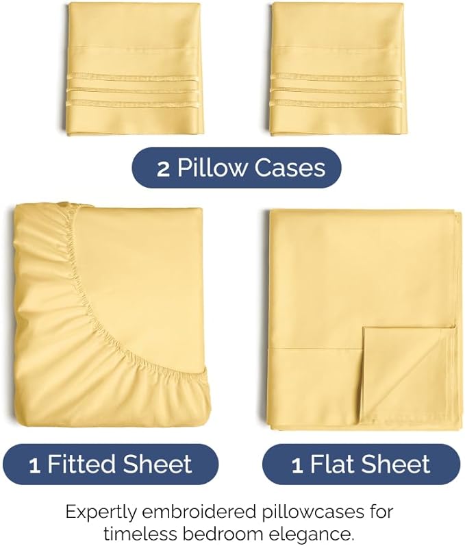 Full Size 4 Piece Sheet Set - Comfy Breathable & Cooling Sheets - Hotel Luxury Bed Sheets for Women & Men - Deep Pockets, Easy-Fit, Extra Soft & Wrinkle Free Sheets - Yellow Oeko-Tex Bed Sheet Set - LeafyLoom