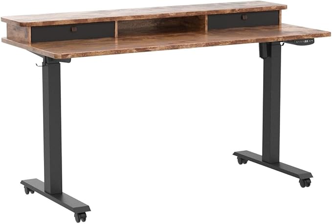 BANTI 55x24 Inch Electric Standing Desk with Double Drawers, Adjustable Height Stand Up Desk, Sit Stand Home Office Desk with Storage Shelf, Rustic Brown Top - LeafyLoom