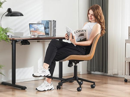 YOUNIKE Office Chair, Armless Desk Chair with Wheels, Home Office Computer Task Chairs, Modern Faux Leather Upholstered Vanity Chair, Adjustable Swivel Rocking Chair with Back, Saffron Tan - LeafyLoom