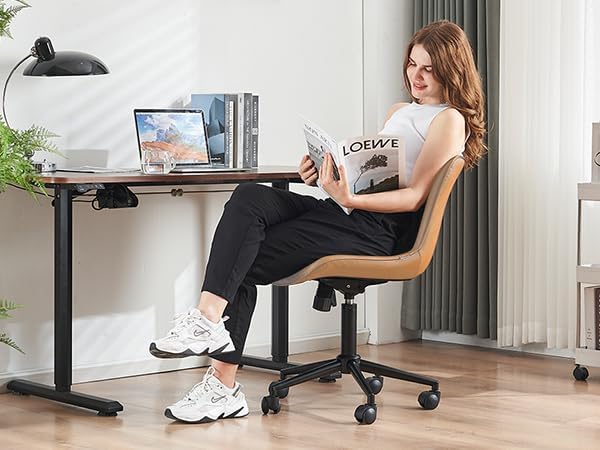 YOUNIKE Office Chair, Armless Desk Chair with Wheels, Home Office Computer Task Chairs, Modern Faux Leather Upholstered Vanity Chair, Adjustable Swivel Rocking Chair with Back, Saffron Tan - LeafyLoom