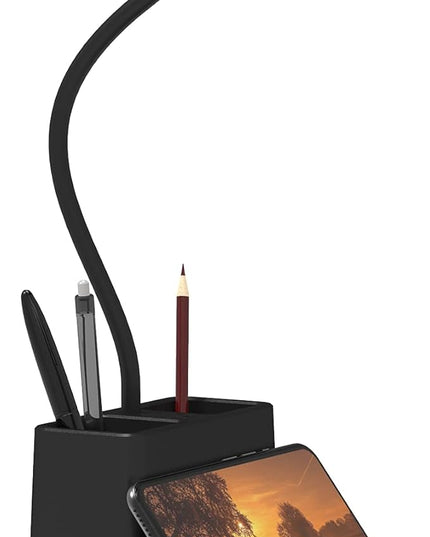 AXX LED Desk Lamp for Home Office, Battery Operated Desk Light for Computer/Desktop - Black, Small, Cute, 3 Way, Rechargeable, Flexible Gooseneck, Pen Holder - Study Table Lamp for Bedroom Reading - LeafyLoom