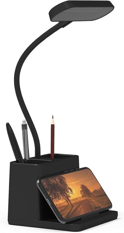 AXX LED Desk Lamp for Home Office, Battery Operated Desk Light for Computer/Desktop - Black, Small, Cute, 3 Way, Rechargeable, Flexible Gooseneck, Pen Holder - Study Table Lamp for Bedroom Reading - LeafyLoom