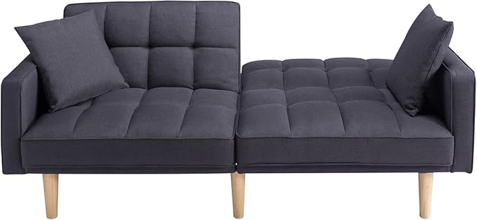 Modern Folding Sofa Bed Living Room Furniture Sets Futon Couch Convertible Tufted Loveseat with Adjustable Backrest for Lounge, 2-seats Sturdy Wood Legs Fabric Home Recliner - Dark Grey Sofá - LeafyLoom