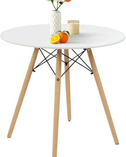 FurnitureR Dining Table Round 31.5 Inch with Wooden Legs Modern Multifunctional Table for Home Kitchen Living Room Corner Small Spaces Leisure, White - LeafyLoom