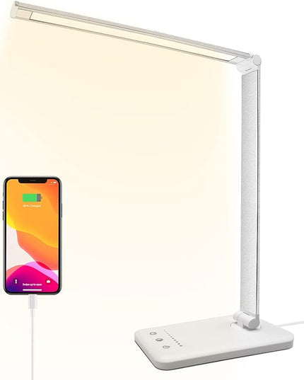Led Desk Lamp, Desk Lamp with USB Charging Port, 5 Color Modes, 10 Brightness, Natural Light, Eye Caring Reading Lamp, Desk Light for Home Office, Table Lamp, Touch Control, Auto-Timer, White - LeafyLoom