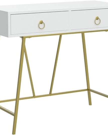 Anmytek Modern Home Office Desk, 35.4 Inch Makeup Vanity Table White Study Desk 2 Drawers Writing Desk Computer Desk with Golden Legs, D0002 - LeafyLoom