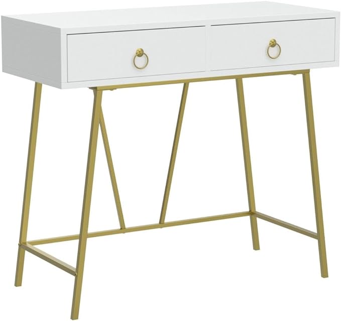 Anmytek Modern Home Office Desk, 35.4 Inch Makeup Vanity Table White Study Desk 2 Drawers Writing Desk Computer Desk with Golden Legs, D0002 - LeafyLoom