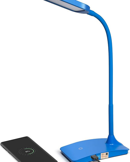 Blue Desk Lamps for Home Office - Super Bright Small Desk Lamp with USB Charging Port, a Perfect LED Desk Light as Study Lamp, Bedside Reading Lights - LeafyLoom