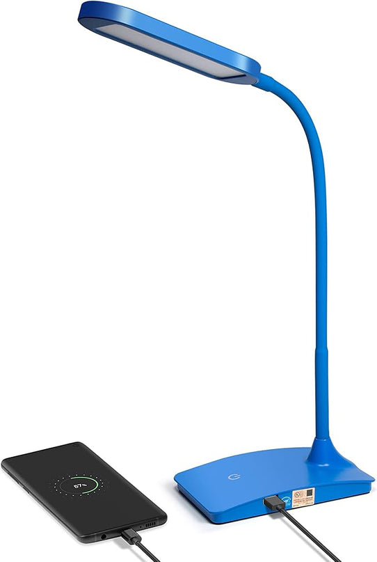Blue Desk Lamps for Home Office - Super Bright Small Desk Lamp with USB Charging Port, a Perfect LED Desk Light as Study Lamp, Bedside Reading Lights - LeafyLoom