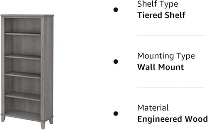 Bush WC81265 Somerset 5-Shelf 65-Inch H Bookcase, Platinum Gray - LeafyLoom