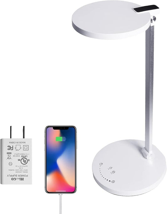 LED Desk Lamp, Aluminum Table Lamp, Dimmable Eye-Caring Table Lamp with 5 Lighting Models with 5 Brightness Levels, Touch Control and Memory Function, USB Charging Port, 8W, White…… - LeafyLoom
