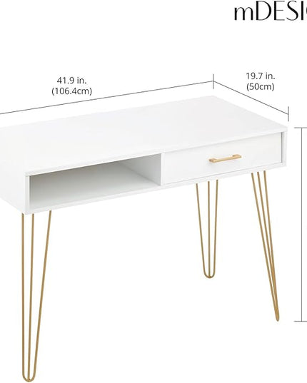 mDesign Metal/Wood Modern Computer Desk - Minimalist Desk and Computer Table with Drawer - Simple Desk with Storage Cubby and Hairpin Legs - Small Work Desk for Home Office, Study - White/Soft Brass - LeafyLoom