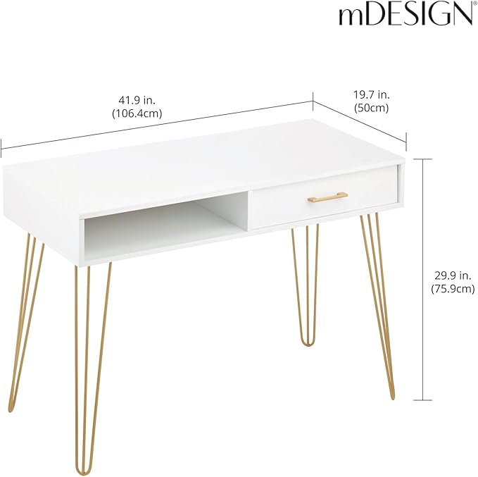 mDesign Metal/Wood Modern Computer Desk - Minimalist Desk and Computer Table with Drawer - Simple Desk with Storage Cubby and Hairpin Legs - Small Work Desk for Home Office, Study - White/Soft Brass - LeafyLoom