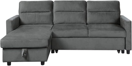 81.5'' L-Shape Convertible Sleeper Sectional Sofa with Storage Chaise and Pull-Out Bed, Button Tufted Backrest, Velvet Reversible Corner 3 Person Couch, for Living Room,Dark Gray - LeafyLoom