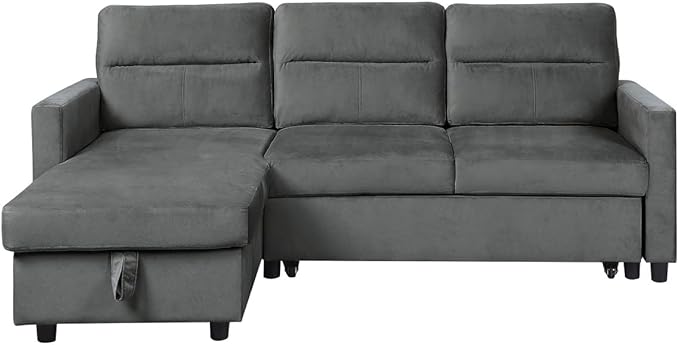 81.5'' L-Shape Convertible Sleeper Sectional Sofa with Storage Chaise and Pull-Out Bed, Button Tufted Backrest, Velvet Reversible Corner 3 Person Couch, for Living Room,Dark Gray - LeafyLoom