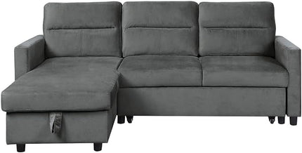 Velvet L-Shaped Sectional Sofa Sleeper with Storage Chaise & Side Pocket, Reversible 3 Seater Corner Couch with Pull Out Bed for Living Room Apartment Small Space, Dark Gray, 81.5 - LeafyLoom
