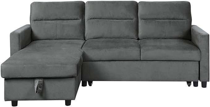Velvet L-Shaped Sectional Sofa Sleeper with Storage Chaise & Side Pocket, Reversible 3 Seater Corner Couch with Pull Out Bed for Living Room Apartment Small Space, Dark Gray, 81.5 - LeafyLoom