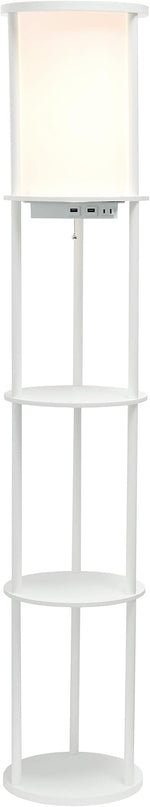 Simple Designs 62.5" LF2010-WHT Round Modern Shelf Etagere Organizer Storage Floor Lamp with 2 USB Charging Ports, 1 Charging Outlet and Linen Shade for Living Room Bedroom Office, White - LeafyLoom