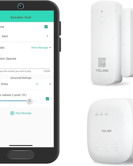 YoLink LoRa Smart Door Sensor Starter Kit: SpeakerHub Audio Hub & Door Sensor - Up to 1/4 Mile Range, Door Left-Open Reminders, up to 5 Year Batteries, Alexa, IFTTT, Home Assistant (2.4GHz WiFi Reqd) YoLink