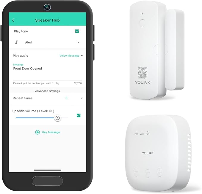YoLink LoRa Smart Door Sensor Starter Kit: SpeakerHub Audio Hub & Door Sensor - Up to 1/4 Mile Range, Door Left-Open Reminders, up to 5 Year Batteries, Alexa, IFTTT, Home Assistant (2.4GHz WiFi Reqd) YoLink