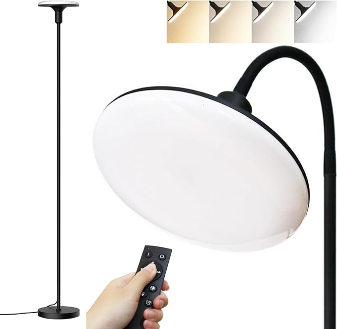 Led Floor Lamp, Bright Sky Torchiere Floor Lamps with Adjustable Gooseneck, Dimmable Floor Reading Lamp with Remote Control, Modern Tall Standing Lamp for Living Room, Bedroom and Office - LeafyLoom
