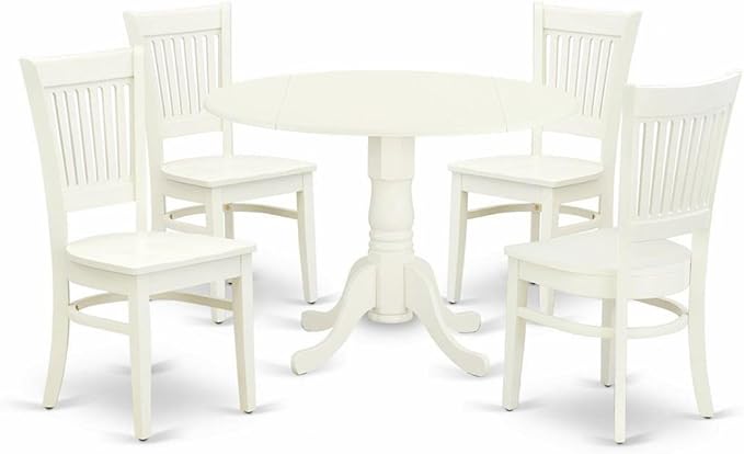 East West Furniture Dublin 5 Piece Kitchen Set includes a Round Room Table with Dropleaf and 4 Dining Chairs, 42x42 Inch, Linen White - LeafyLoom