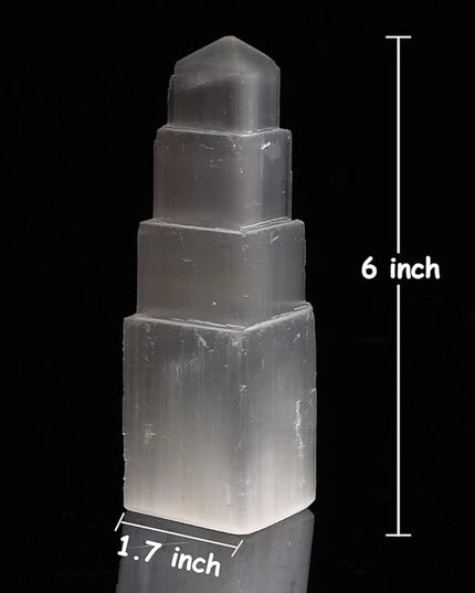 JIC Gem USB Selenite Tower Lamp Natural Selenite Skyscraper Healing Crystal Lamp 6 Inch with Wooden Light Stand Base - LeafyLoom