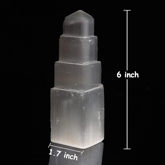 JIC Gem USB Selenite Tower Lamp Natural Selenite Skyscraper Healing Crystal Lamp 6 Inch with Wooden Light Stand Base - LeafyLoom