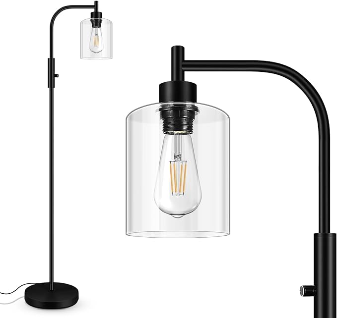 BoostArea Dimmable Floor Lamp, Standing Lamp with Glass Lampshade, 6W LED Bulb Included, Modern Floor Lamp, Industrial Floor Lamp, Bright LED Floor Lamp for Living Room and Bedroom, Office - LeafyLoom