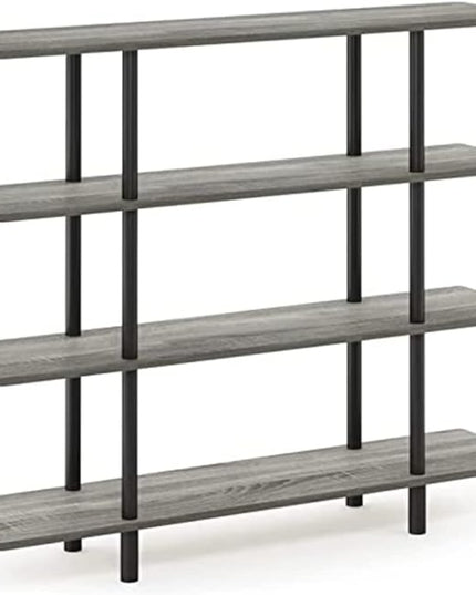 Furinno 5-Tier Round Tube Shelf and 4-Tier Wide Display Shelf, French Oak Grey/Black - LeafyLoom