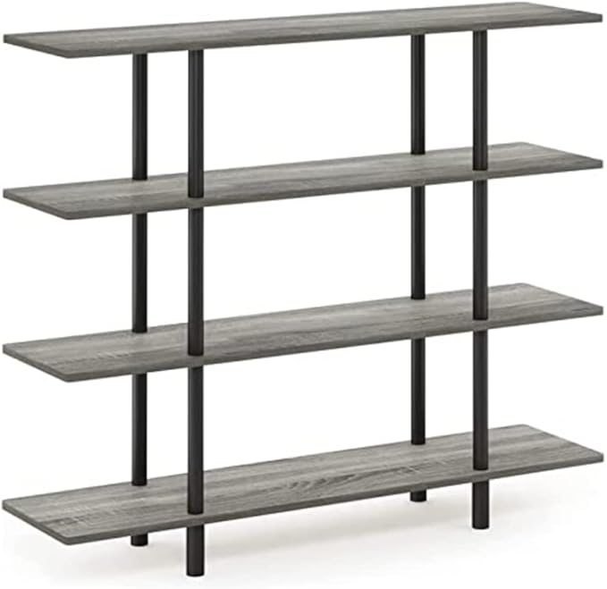 Furinno 5-Tier Round Tube Shelf and 4-Tier Wide Display Shelf, French Oak Grey/Black - LeafyLoom