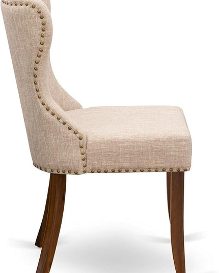 East West Furniture SIP8T04 Sion Parsons Dining Button Tufted Nailhead Trim Light Tan Linen Fabric Upholstered Chairs, Set of 2, Walnut - LeafyLoom