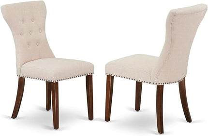 East West Furniture Dublin 3 Piece Modern Set Contains a Round Wooden Table with Dropleaf and 2 Light Beige Linen Fabric Parsons Dining Chairs, 42x42 Inch, DLGA3-MAH-32 - LeafyLoom
