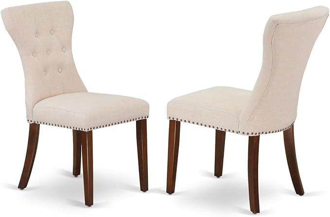 East West Furniture Dublin 3 Piece Modern Set Contains a Round Wooden Table with Dropleaf and 2 Light Beige Linen Fabric Parsons Dining Chairs, 42x42 Inch, DLGA3-MAH-32 - LeafyLoom