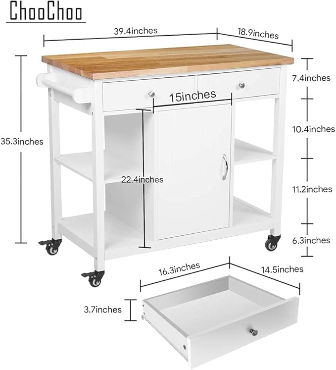 ChooChoo Kitchen Cart on Wheels with Wood Top, Utility Wood Kitchen Islands with Storage and Drawers, Easy Assembly - White - LeafyLoom