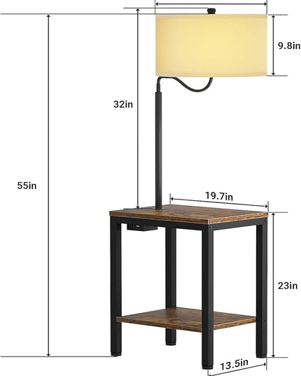 LED Floor Lamp with Table - Rustic End Table with USB Charging Port, Power Outlet, Bedside Nightstand Shelves, Side Table with Reading Standing Light for Living Room, Bedroom, Bulb Included - LeafyLoom