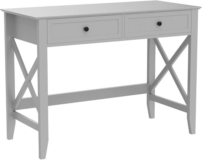 Computer Desk with 2 Drawers, Elegant Home Office Writing Study Desk with Storage, Modern Simple Vanity Desk Console Table for Living Room, Grey - LeafyLoom