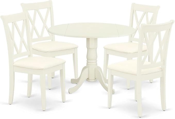 East West Furniture DLCL5-WHI-C Dublin 5 Piece Room Set Includes a Round Dining Table with Dropleaf and 4 Fabric Upholstered Chairs, 42x42 Inch, Linen White - LeafyLoom